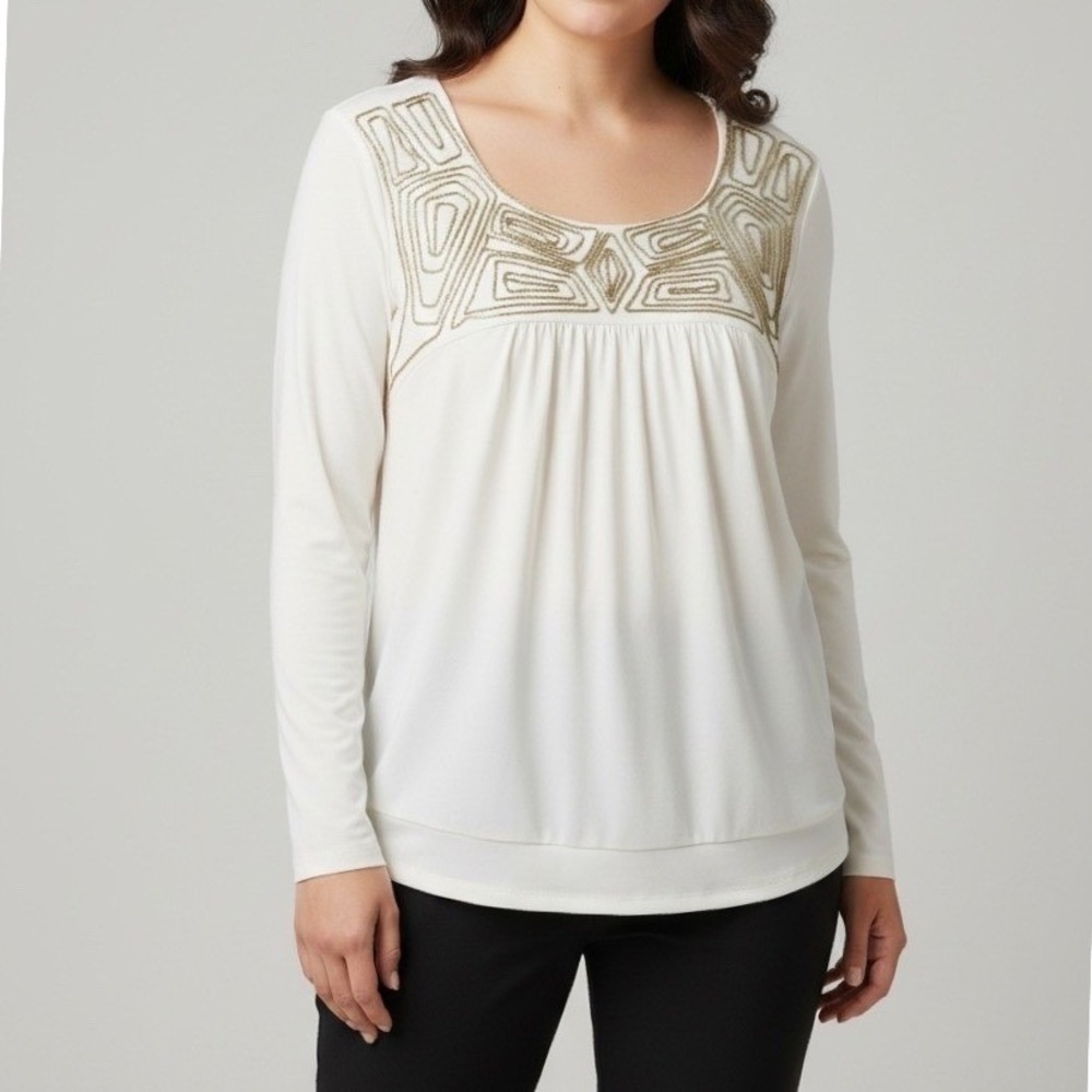 SIMPLY Chloe Dao size XL Women's White Long Sleeve Embellished Tunic Top